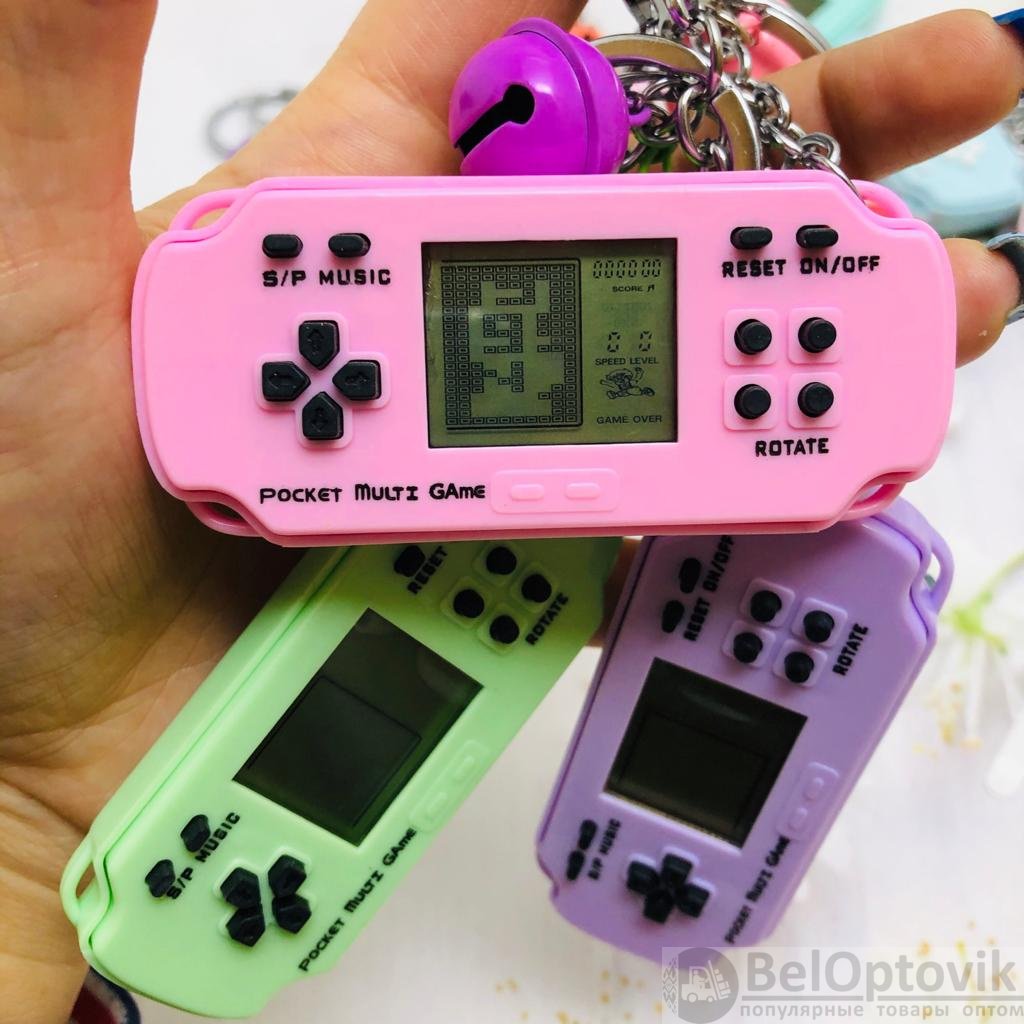 Брелок - тетрис Mini Game Player (с кольцом, карабином и колокольчиком) Розовый  с черными кнопками