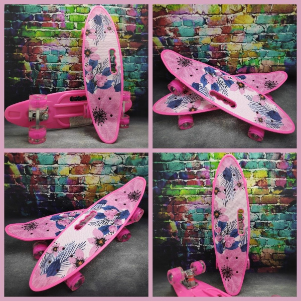 Скейт пенни Борд для детей 58x16см с ручкой для удобной переноски, светящиеся прозрачные колеса 55 мм