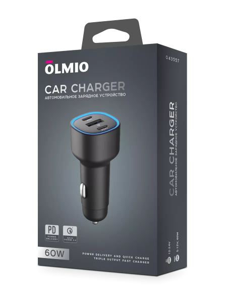 АЗУ 60W, Type-Cx2+USB, PD, QC, black, OLMIO