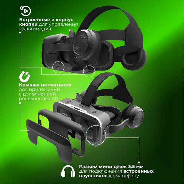 Очки виртуальной реальности VMR600E Universe с проводными наушниками, 4.0-7.0″, Android, iOS, черные / Регулируемые ремни