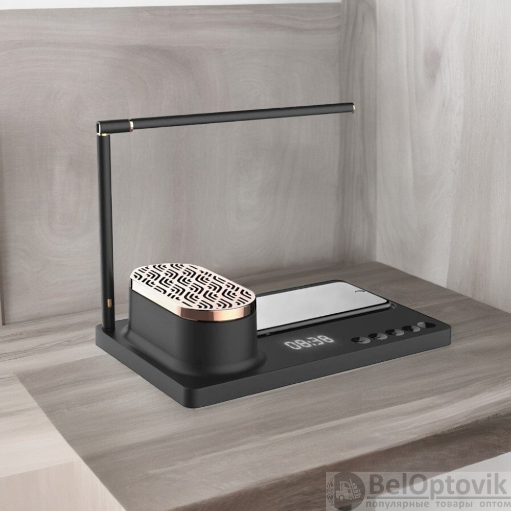 Интерьерная лампа c колонкой, беспроводной зарядкой и дисплеем Volando, с нанесением логотипа