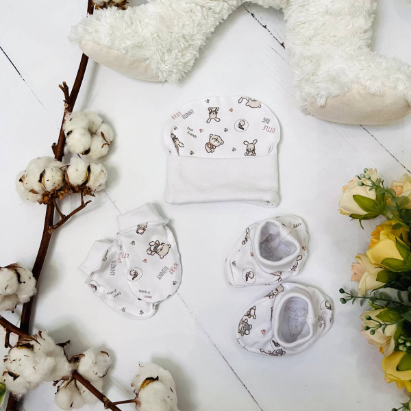 Комплект из 3 предметов для новорожденного (шапочка, пинетки, рукавички) Bebika, натуральный хлопок, 0-3 мес. (20/19-0)