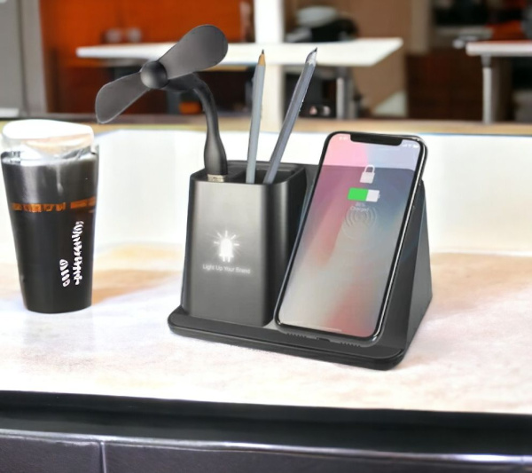 Настольный органайзер Mercury c беспроводной зарядкой и вентилятором / Многофункциональная подставка для письменных приборов