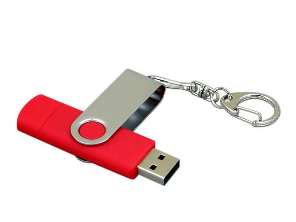 USB 2.0- флешка на 64 Гб с поворотным механизмом и дополнительным разъемом Micro USB, Размер 64ГБ, Цвет красный/серебристый