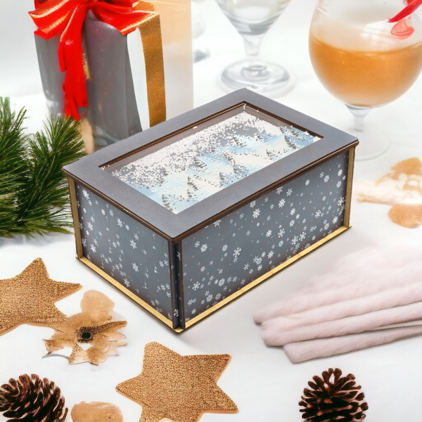 Лес в снегу (прямоугольная, темная), упаковка новогодняя из дерева / Идеальное украшение для новогодней елки