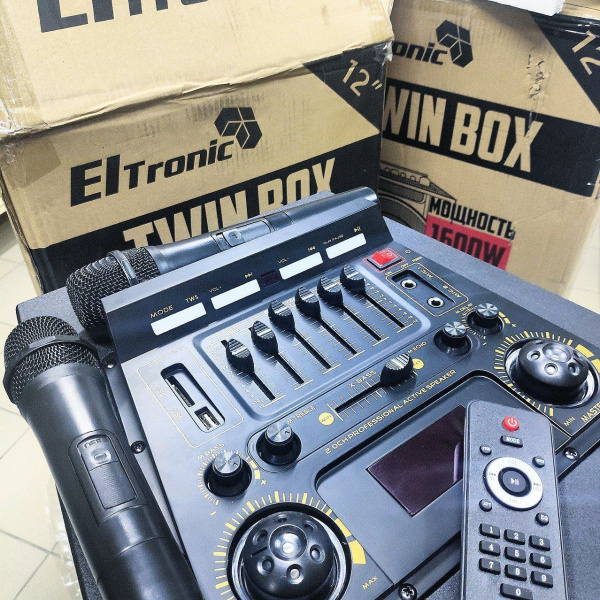 Профессиональная напольная акустическая система Eltronic 20-06  TWEEN BOX  (в комплекте из двух колонок) с LED-подсветкой и RGB светомузыкой, с двумя беспроводными микрофонами, пультом дистанционного управления