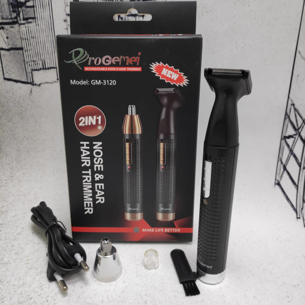 Аккумуляторный мужской триммер для носа и ушей Gemei GM-3120 2 в 1 с насадкой для бороды и усов