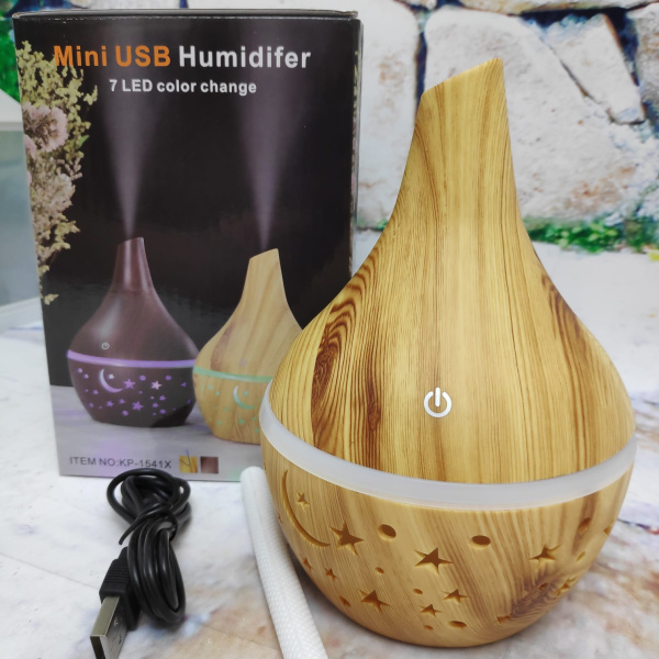 Увлажнитель ультразвуковой аромадиффузор воздуха Mini USB "Тюльпан" (луковица) 7 LED color, 300ml, 220V Светлое дерево Звездное небо