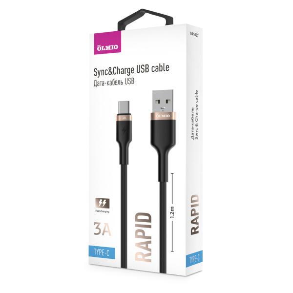 Кабель RAPID, USB 2.0 - Type-C, 1.2м, 3A, черный, OLMIO