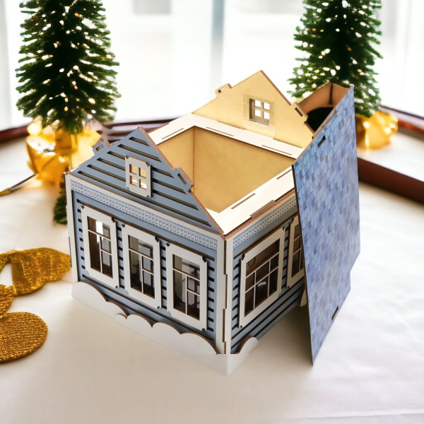 Новогодний дом, упаковка новогодняя из дерева, голубой полуматовый / Идеальное украшение для новогодней елки