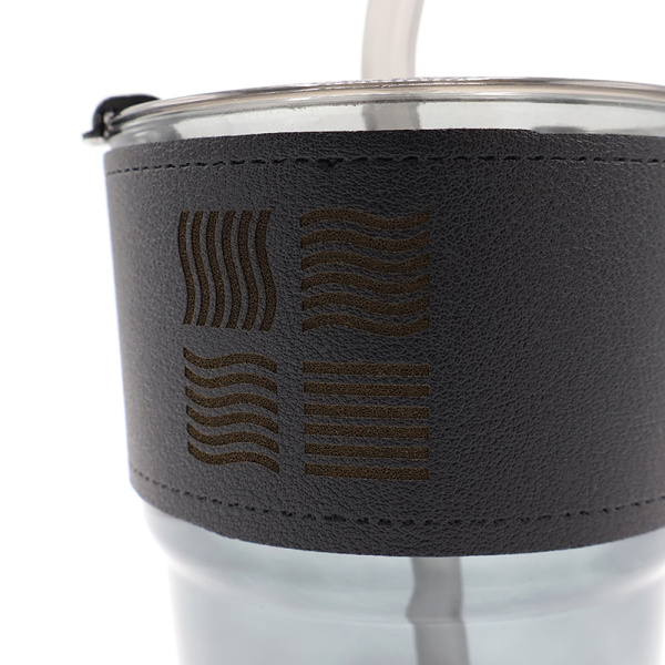 Стакан стеклянный с трубочкой и капхолдером Karamel, 350 мл, золотой и черный цвет / Стильный и функциональный аксессуар для напитков